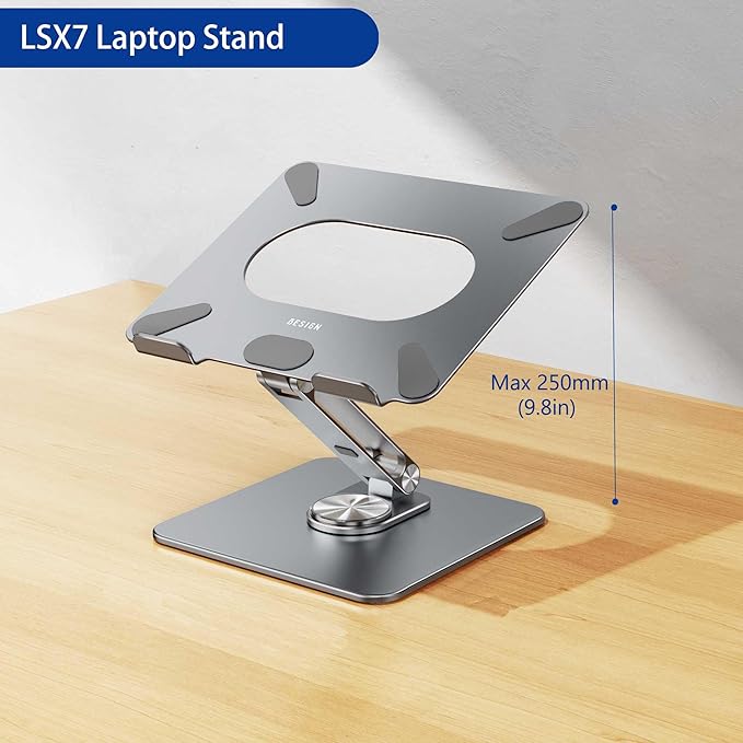 BESIGN LSX7 Laptop Stand with 360 Rotating Base, Ergonomic Adjustable Notebook Riser, Foldable Computer Holder Compatible with 10-15.6" Laptops (Gray)