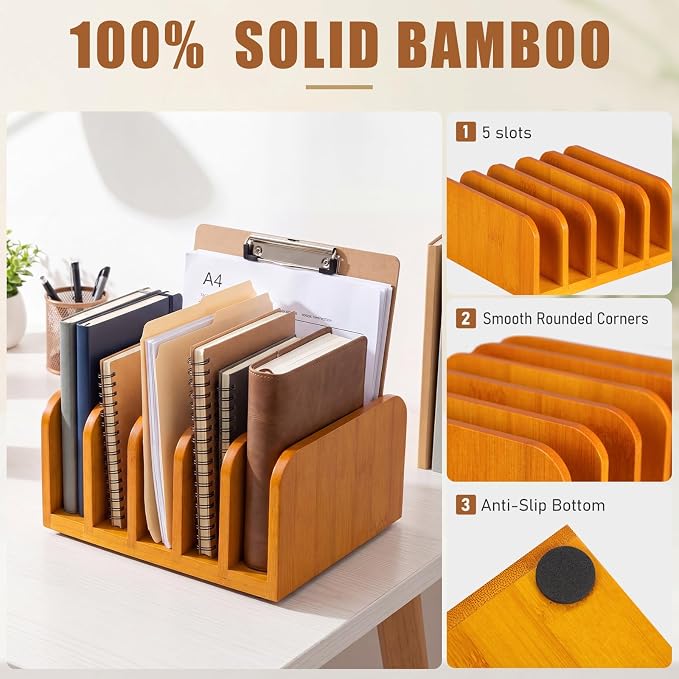 Lineshading Bamboo Letter Organizer, 5 Compartments Desk Mail Organizer, Desktop Envelope Holder and Letter Sorter, Countertop Paper File Holders with Anti Slip Mat for Home Office(Yellow)