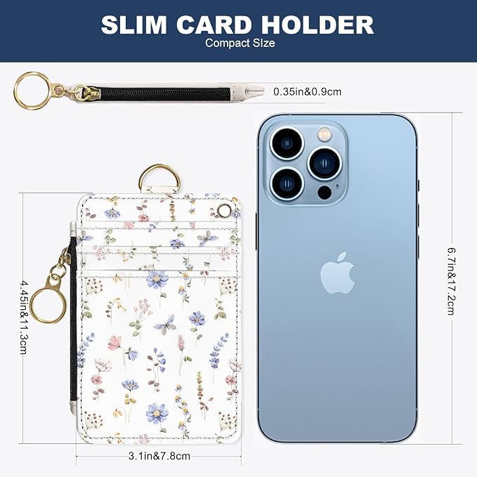 Slim Wallet Credit Card Holder, White And Purple Floral Print, RFID Wallet Women Cute Small Front Pocket Wallet With Zipper, PU Leather Thin travel RFID Blocking Card Case ID Window ,Ladies Gifts