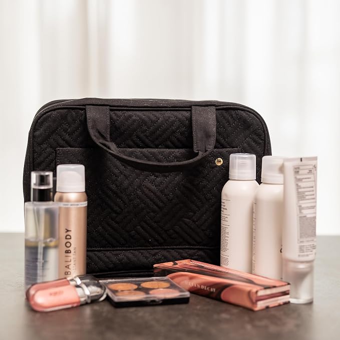 Carrywell Travel Toiletry Bag for Women with Hanging Hook, Makeup Organizer Case, Water-Resistant Cosmetic Bag For Full-size Containers, Toiletries, Black Large+, Not Made In China