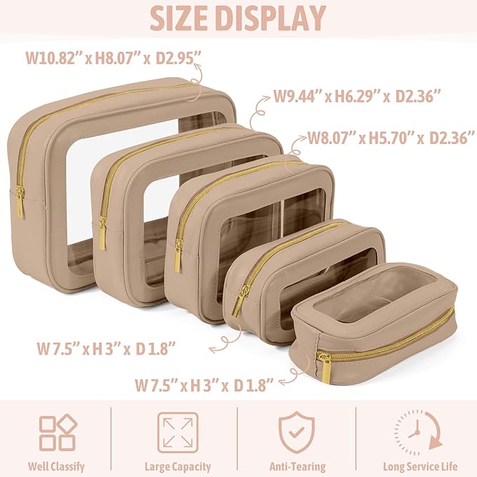 YOPCDJ 5PCS Clear Toiletry Bag,TSA Approved Travel Makeup Pouch with Zipper for Cosmetics and Toiletries，Diaper Bag Organizer Pouch Set，Women's Purse Organizer and Clear Car Bag，Mothers Day Gifts