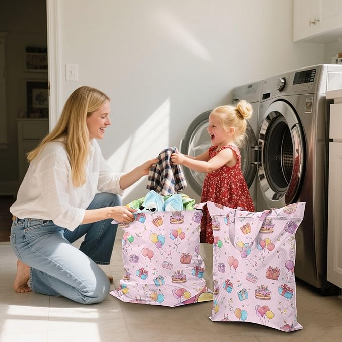 Travel Laundry Bags 2 PC Wet Dry Bag with Handle Dirty Clothes Organizer for Swimsuits Beach Camping Waterproof Washable Birthday Pink Cakes Balloons Ribbons
