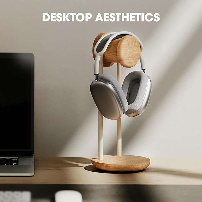 Fenge Headphone Stand for Desk, Nature Wood & Metal Headphone Holder with Storage Base, Desktop Headset Stand for Gaming Universal Headphones, Oak