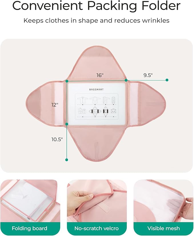 BAGSMART Garment Folder Packing Cubes for Travel, 4 Set Lightweight Travel Cubes for Wrinkle Free, Durable Suitcase Organizers Bag Set for Travel Essentials Baby Pink