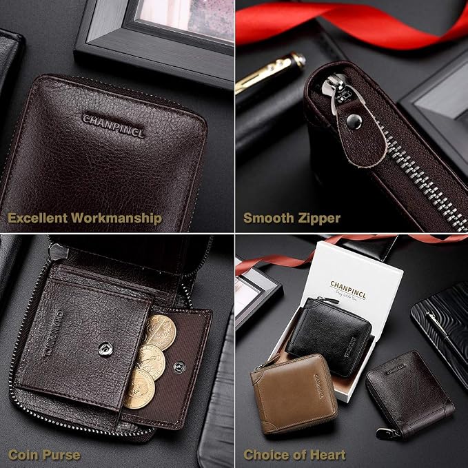 Mens Genuine Leather Zipper Wallet RFID Secure Large Capacity Double Fold Multi-card Leather Wallets for Men and coin purse