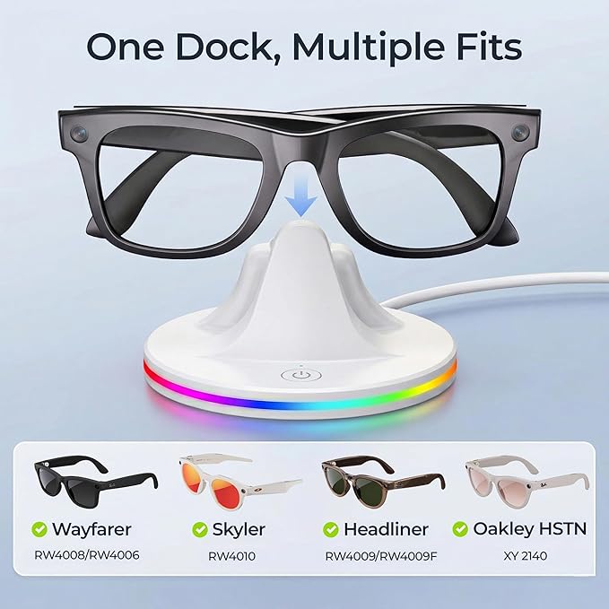 Charging Dock for Meta Ray-Ban Glasses, Charging Stand Compatible with Wayfarer, Skyler, Headliner & Oakley Meta HSTN, with USB-C Cable and 7-Color RGB, White