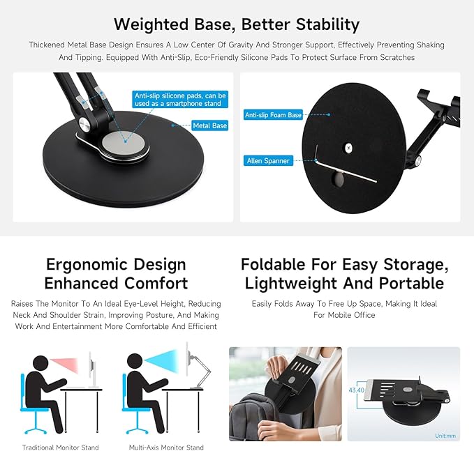 Waveshare Portable Monitor Adjustable Stand, Compatible with 4~18.5inch Monitors, Supports Multi-axis Rotation, Weighted Base and Ergonomic Design, Foldable for Easy Storage