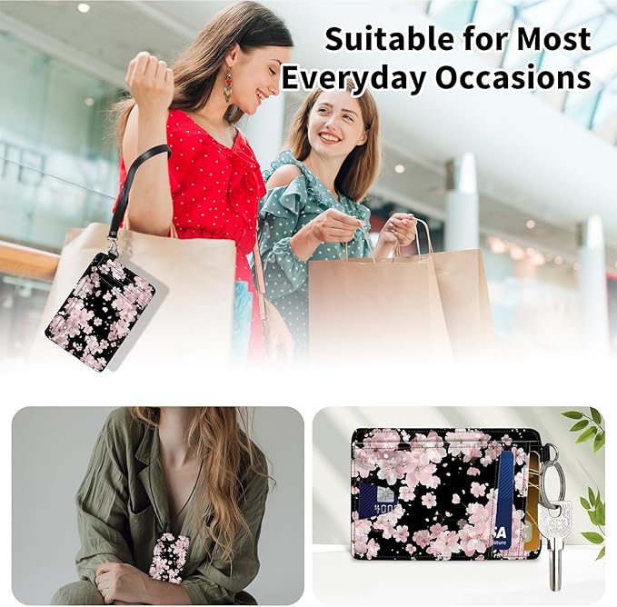 Slim Minimalist Front Pocket Wallet,Credit Card Holder Wallet for Women Men,RFID Blocking Credit Card Holder Case Leather Cute Small Thin Wallet ID Window&Wrist Strap,Pink Flower Black