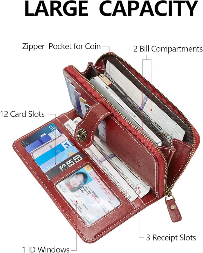 TFKGS Wallet for Women RFID Blocking Leather Large Capacity Card Holder Ladies Phone Clutch Travel Long Purse Wristlet | RFID Blocking, Leather, Large Capacity, Ladies, Travel