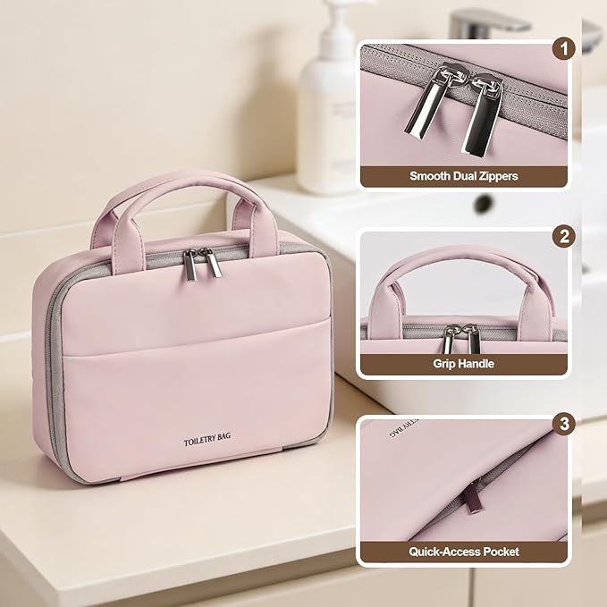 Greenfeather Hanging Travel Toiletry Bag for Women, Compact Yet Spacious Makeup & Cosmetic Organizer with Multiple Compartments, Waterproof Portable Bag for Short Trips & Weekend Travel (Rose Pink)