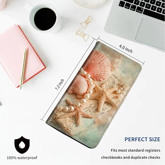 DEGDFSGR Checkbook Cover PU Leather Checkbook Covers for Women for Duplicate Checks, Check Book Covers with RFID Blocking Function for Personal Checkbook, Seashell Starfish Pearl