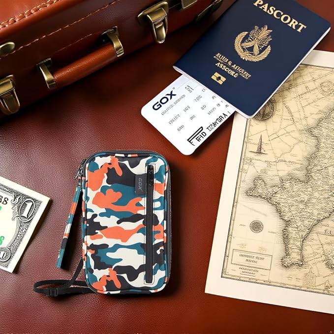 GOX Passport Holder for Travel Family RFID Neck Wallet for Traveling Women Travel Pouch for Passport and Documents with RFID Waterproof Zipper Passport Case (Multicolor)
