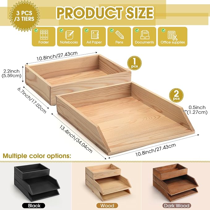 Beeveer 3 Pcs Wooden Letter Tray Stackable Document Desk Letter Tray 3 Layer Desktop Paper Organizer Heavy Duty 3 Tier Support Tabletop Inbox Drawer File Folder Back to School Office Home(Light Brown)