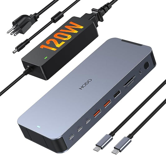 Laptop Docking Station with 120W Power Adapter,18 in 1 USB C Docking Station Dual Monitor,USB C HUB with 2HDMI+DP,10Gbps USB-A/C Ports,Ethernet,SD/TF, Audio,Screen Off Button,USB C Dock for Dell,HP
