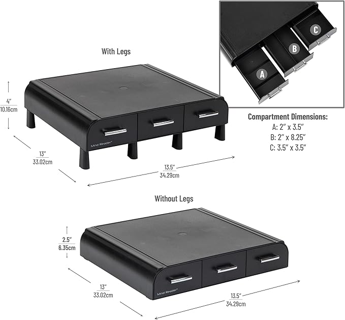 Mind Reader Monitor Stand, 3 Storage Drawers, Desktop Organizer, Riser, Office, 13.5"L x 13"W x 4"H, Set of 2, Black