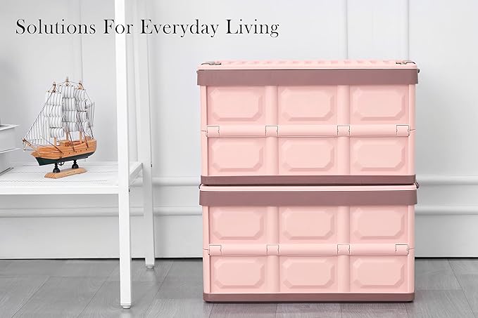 Pink Collapsible Storage Bins with Lids 2-Pack, Folding Plastic Stackable Utility Crates 30L, Durable Containers for Home & Garage Organization