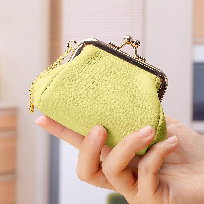 Genuine Leather Lipstick Holder Case, Cute Coin Purse for Women, Small Vintage Kiss Lock Jewelry Storage Organizer Change Bag Pouch (Lemon Yellow)