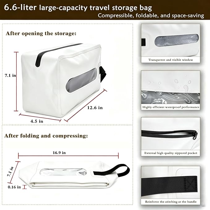 Waterproof Wet Dry Bag, Flattenable Compression Travel Toiletry Bag, Leakproof Foldable Storage Pouch for Swimsuit Towel Gym Clothes, Portable Cosmetic Organizer for Men Women Luggage (White)