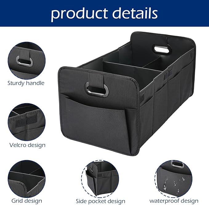 Foldable Car Trunk Organizer - 63L Collapsible Multi-Compartment Storage with 10 Side Pockets, Reinforced Handles & Waterproof 600D Oxford Polyester - Fits Car, SUV, Minivan - Black