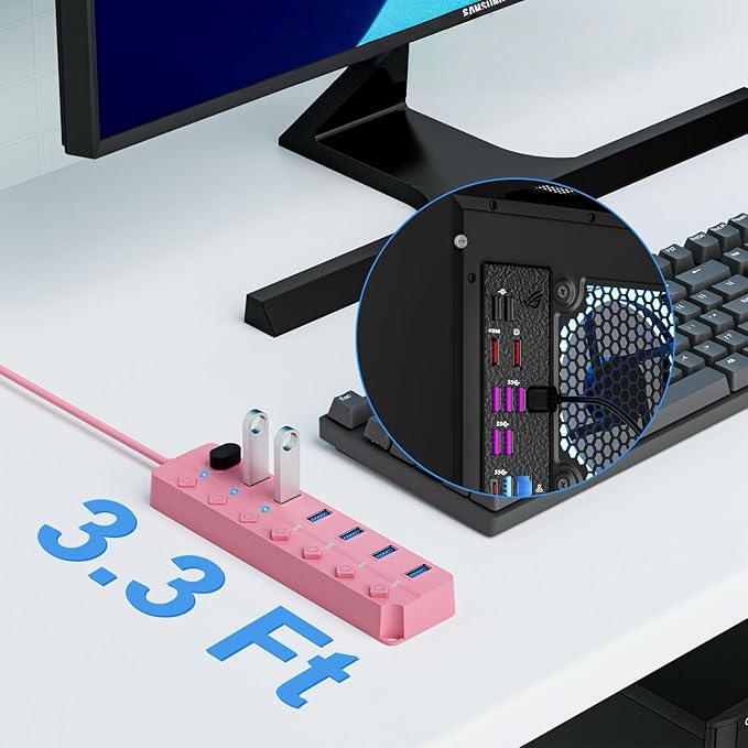ONFINIO USB Hub 3.0, 7-Port USB Hub Splitter with Individual On/Off Switches and Lights, 3.2ft/1m Long Cable Compatible with MacBook, Laptop, Surface Pro, PS4, PC, Flash Drive, Mobile HDD-Pink