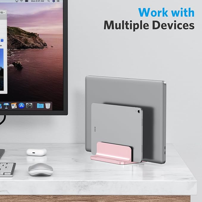 OMOTON [Updated Dock Version] Vertical Laptop Stand, Double Desktop Stand Holder with Adjustable Dock (Up to 17.3 inch), Fits All MacBok/Surface/Samsung/HP/Dell/Chrome Book (Rose Gold)