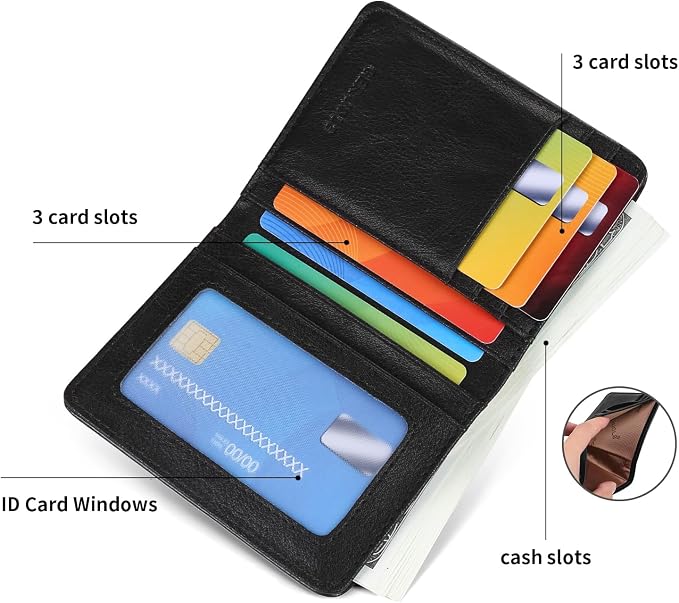Bifold Slim Men Wallet Genuine Leather Thin, Small Vertical RFID Blocking Wallets for Men ，Compact & Stylish with Clear ID Windows (Black)