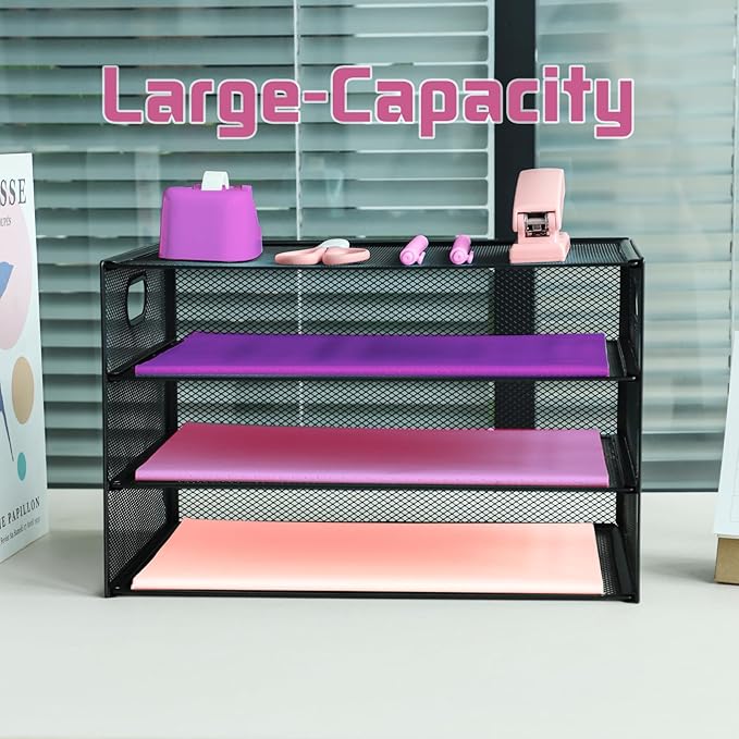 3 Tier Lettrer Tray Organizer, Metal Mesh Desk File Organizer with Sliding Trays, Paper Sorter Desk Organizer for Home Office School, Black