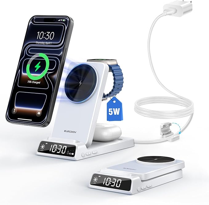 3 in 1 Charging Station for Apple, Magnetic Charger for iPhone, Foldable Wireless Charger with Clock, Travel Watch Charger Stand for iPhone 17/Air/16/15 Series, iWatch 10/AirPods 4 (White)
