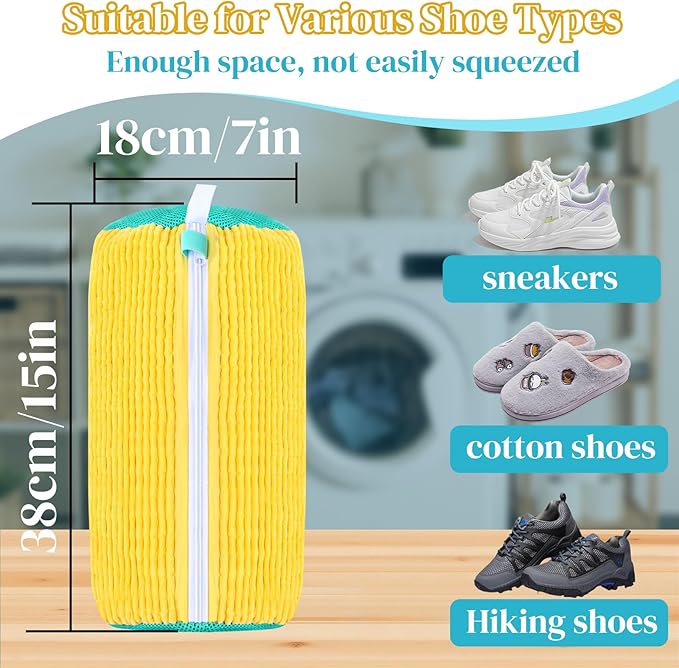 Sneaker Washing Machine Bag, 2Pack Reusable Laundry Shoe Bags for Washer & Dryer, Shoe Washing Bags for Cleaning Shoes & Sports Gear, Includes Zipper Design(Yellow）