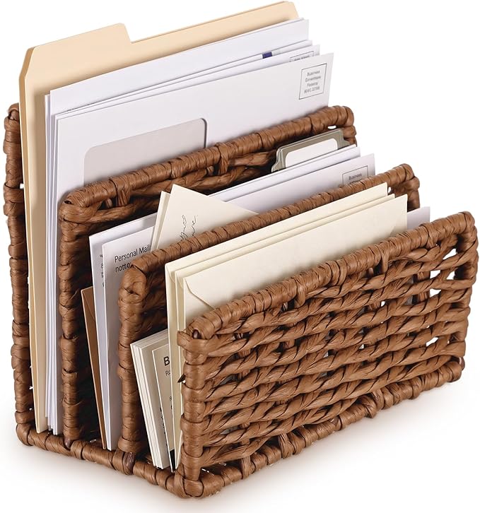 Paper Rattan Mail Organizer for Desk Mail Holder Countertop with 3 Slot Paper Rattan Letter Sorter File Holder Envelope Book Stand Farmhouse Office Desk Organizer and Storage Accessories