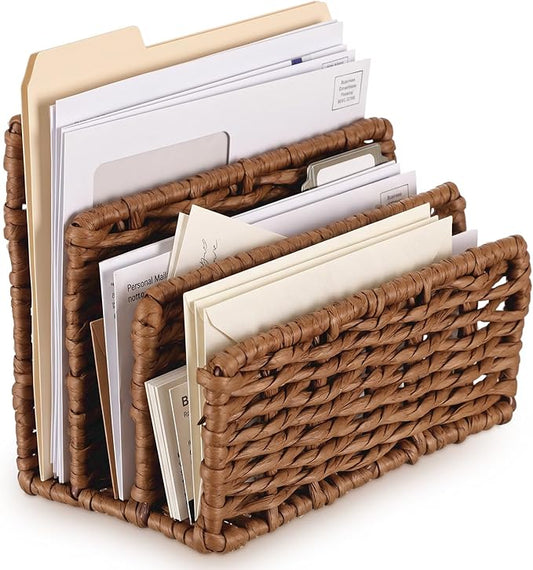 Paper Rattan Mail Organizer for Desk Mail Holder Countertop with 3 Slot Paper Rattan Letter Sorter File Holder Envelope Book Stand Farmhouse Office Desk Organizer and Storage Accessories