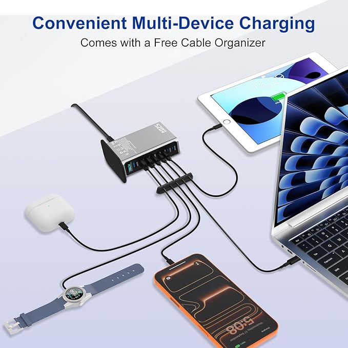 520W USB C Charger Station, 8-Port (4C+4A) GaN Fast Charger Block, 100W PD PPS for MacBook/iPad/iPhone, with PFC & Anti-Slip Base, Ventilation Design, Include 1.5M 100W Cable & Cable Organizer