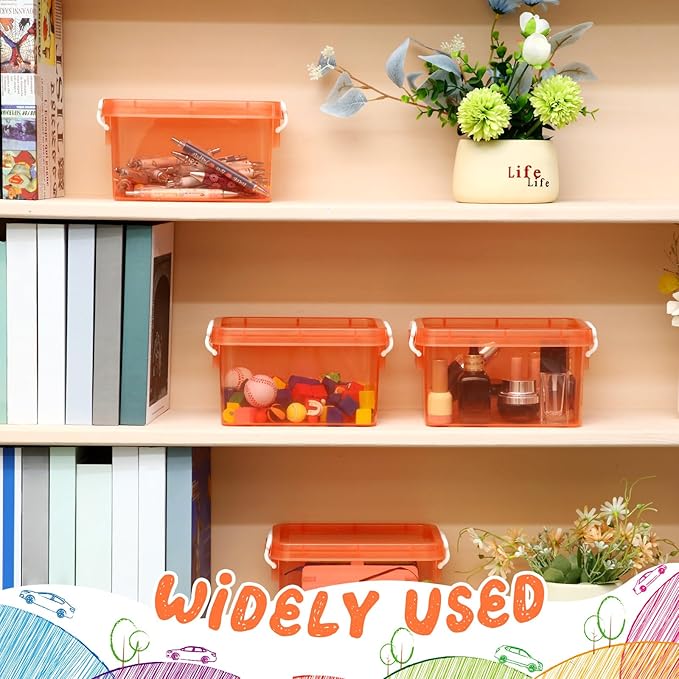 Wenqik 6 Pack Colorful Plastic Storage Bins with Lids 4 Quart Small Storage Latch Box Stackable and Nestable Clear Organizer Bins with Latching Handle and Buckle for Organizing(Orange)