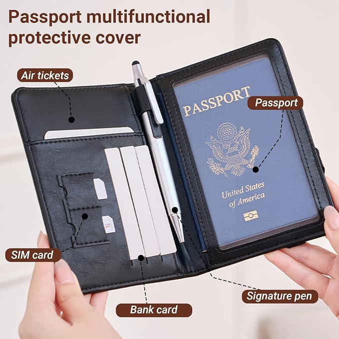 Passport Holder for Travel ，with 2 Luggage Tags,RFID blocking Passport Cover Wallet for Women Men, Waterproof PU Leather passport Book Card Holder Case Organizer Travel Essentials (Black)
