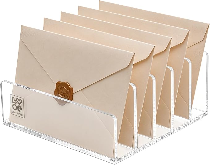Lovemolly 5-Slot Clear Acrylic Mail Holder – Vertical Letter Sorter & Desk Organizer for Bills, Envelopes & Notebooks, Compact 6.88 x 6.69 x 3.93 in