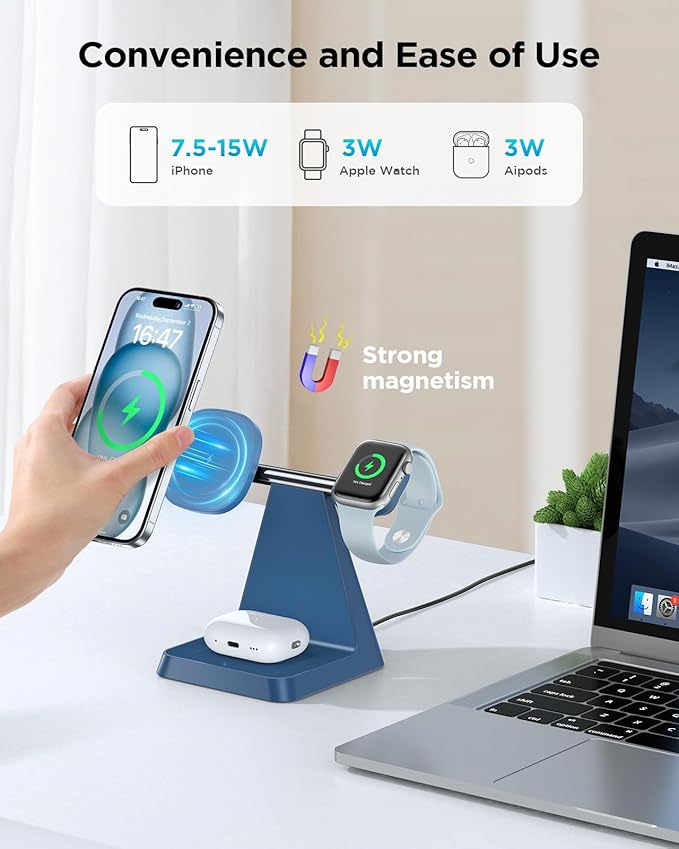 Magnetic Wireless Charger for iPhone - 3 in 1 Charging Station for Multiple Devices Charger Stand for Apple Watch iPhone 16 15 14 13 12 Pro Max