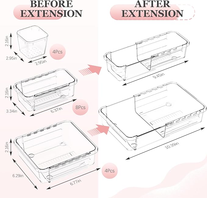 DILIBRA 16 Pcs Clear Extendable Drawer Organizer, 3-Size Adjustable | Plastic Non-Slip Storage Bins, For Makeup Cosmetic Jewelries, For Utensils Stationery, For Dressers Tool, Desk Drawer Storage