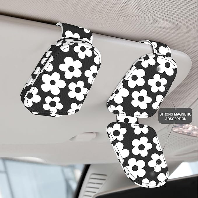 2 Pack Magnetic Leather Sunglass Holder, Universal Magnetic Car Eyeglass Hanger Clip for Different Size Eyeglasses, Car Visor Accessories (Black White Floral)