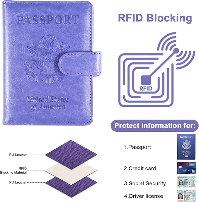 Sizobi Passport Holder for Travel, RFID Passport Cover Wallet for Women Men, Leather Passport Book Card Holder Case for International Travel Must Haves Accessories,Cruise Ship Essentials Gifts, Purple