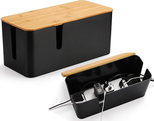 ZhiYo Bamboo Lid Cord Organizer Box, 2Pack Large Cable Management Box, Safe ABS Wire Organizer for TV and Computer, Wood Cover Cord Hider to Hide Wires, USB Hub & Under Desk Power Strip, Black