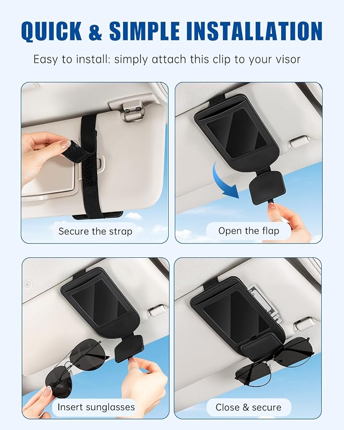 Car Visor Sunglasses Holder, 3 in 1 Glasses Clip with Photo Picture Display & Extra Storage Pocket, Anti-Slip Universal Sun Visor Organizer, 2026 Upgraded (1, Black)