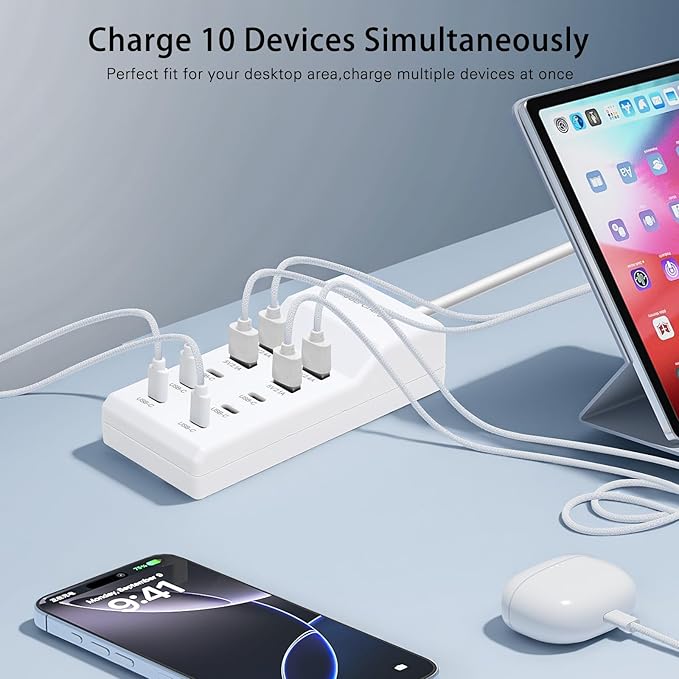 USB Fast Charger, 10-Port Portable Charging Station, Suitable for Various Devices, Compatible with iPhone, iPad, Samsung, Google, Xiaomi, Huawei and Other USB Charging Devices