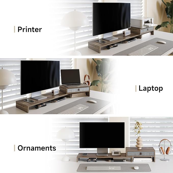 Fenge Computer Monitor Riser Stand with Drawer for 2 or 3 Monitors ,Adjustable Length and Angle Desktop Laptop Stand,Office Organizer,Printer