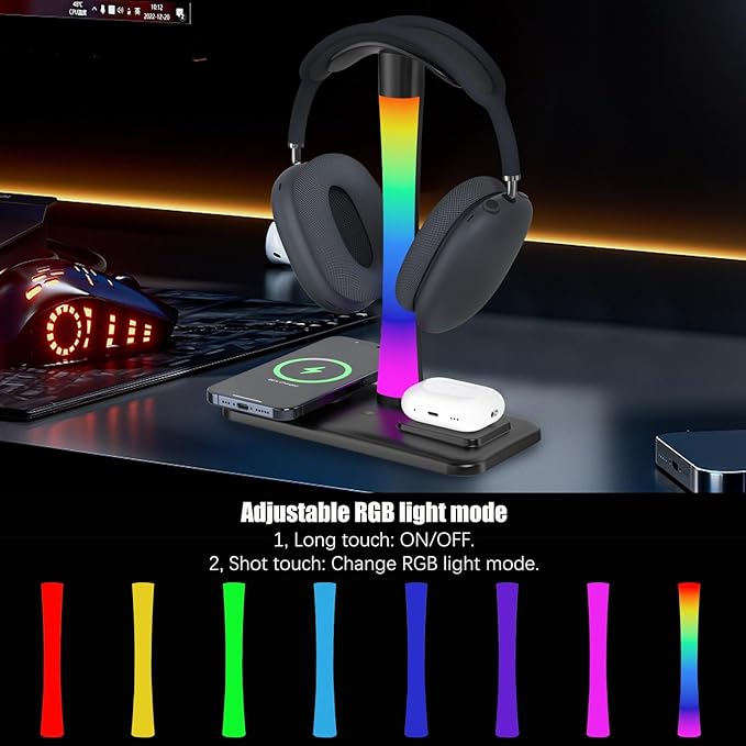 Headphone Stand with Wireless Charger,Gaming Headset stand with RGB Light Mode,For Airpod Max Stand Compatible with Airpod Pro/3/2,For iPhone 17/16/15/14/13/12/11,Gifts for Gamers & Music Lover(Black)