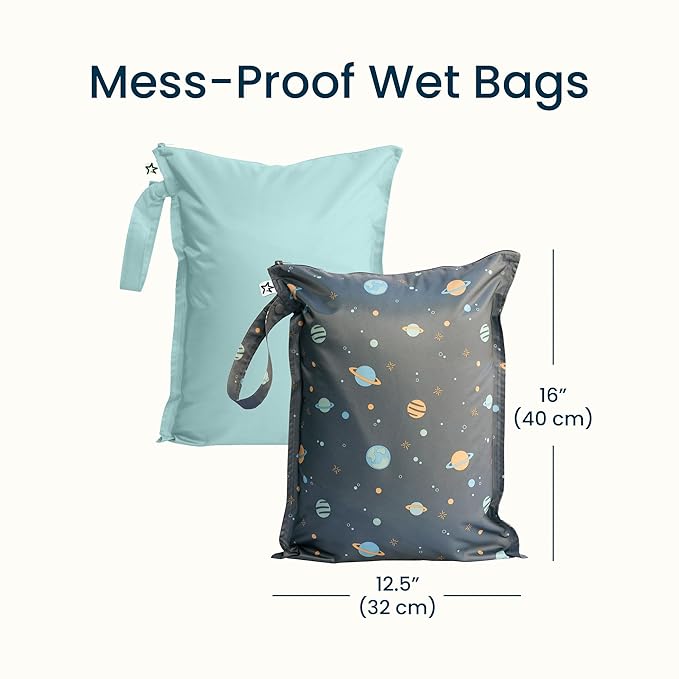 Tiny Twinkle Mess Proof Wet Bags | 2-Pack Reusable Waterproof Wet Bags for Swimsuits | Baby Clothes | Travel & Diaper Bag (Space, Ice Blue)