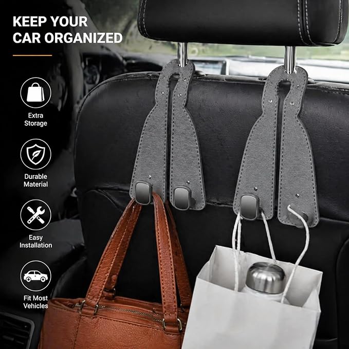2 Pack Leather Car Seat Back Double Hooks - Heavy Duty Metal Core Headrest Hangers for Purses, Bags & Groceries - Anti-Drop & Scratch-Free Auto Interior Organizer Holder (Grey)