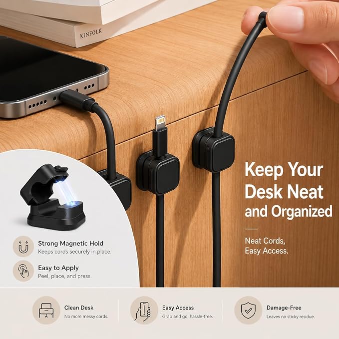 10 Pack Cable Organizer Clips, Adhesive Cord Holder for Desk, Office, Car & Nightstand, Spring Lock Cable Management with Strong Acrylic Adhesive, Black