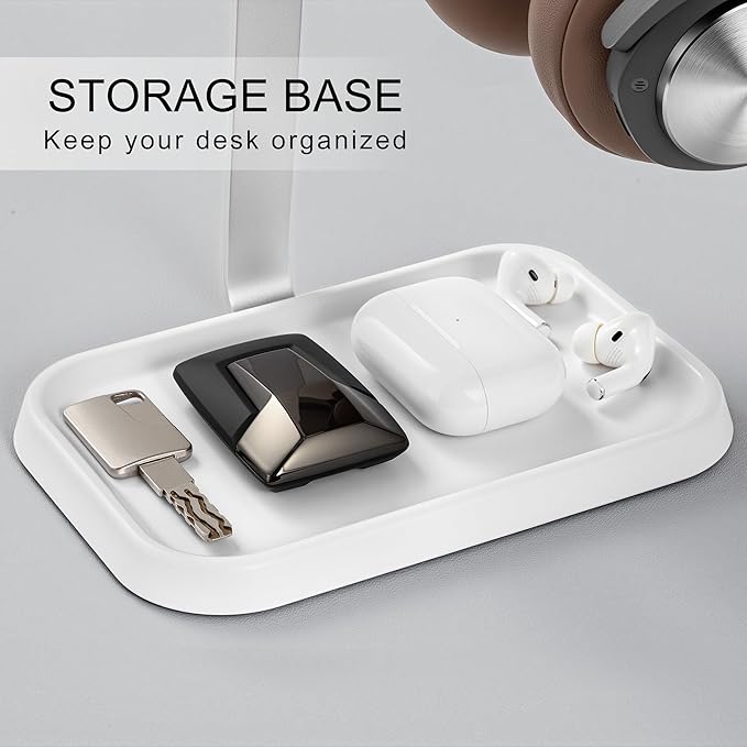 Dual Headphone Stand, Double Balanced Headset Stand with Storage Tray, Heavy Base Gaming Headset Holder for Desk (White)