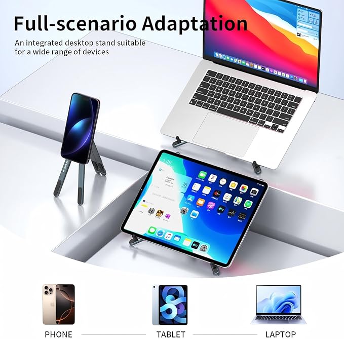 Adjustable Laptop Stand for Desk with Magnetic Phone Holder, MagSafe Compatible Portable Foldable Computer Riser for MacBook, iPhone, iPad, Tablet - Perfect for Office, Home, Traveling (black)
