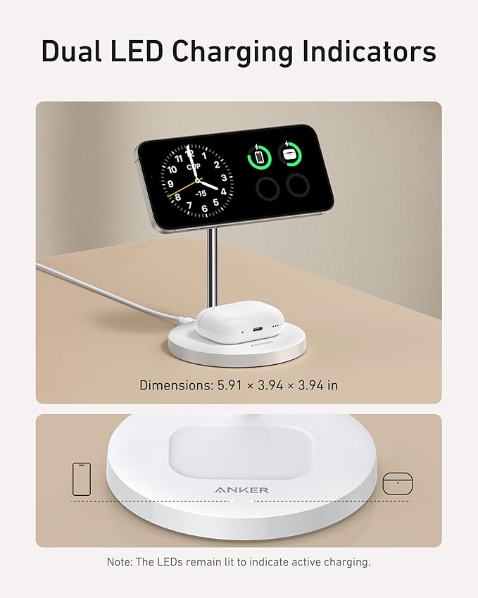 Anker MagSafe Compatible MagGo Charger Stand, iPhone 17 Wireless Charger, 2-in-1 Charging Station, Qi2 Certified 15W Fast Charging, for iPhone 17/16/15/14/13/12, AirPods Pro (40W Adapter Included)